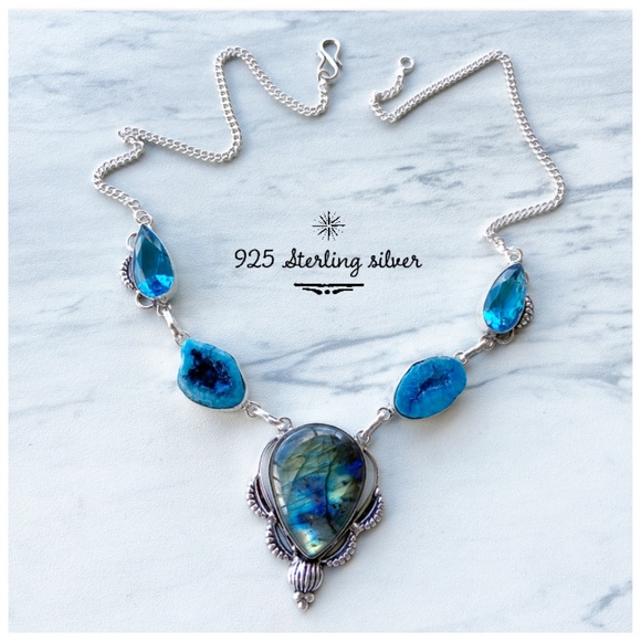 925 Sterling silver Labradorite & druzy necklace - Picture 4 of 8